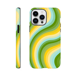 Green and yellow retro wave iPhone case with bold Y2K stripes, offering tough protection and vintage streetwear style for gallery or skate sessions.