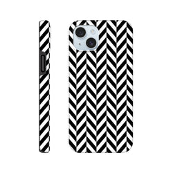 Black and white herringbone iPhone case with geometric chevron pattern, shock-absorbing dual-layer shell, and precise cutouts for models 13-16.