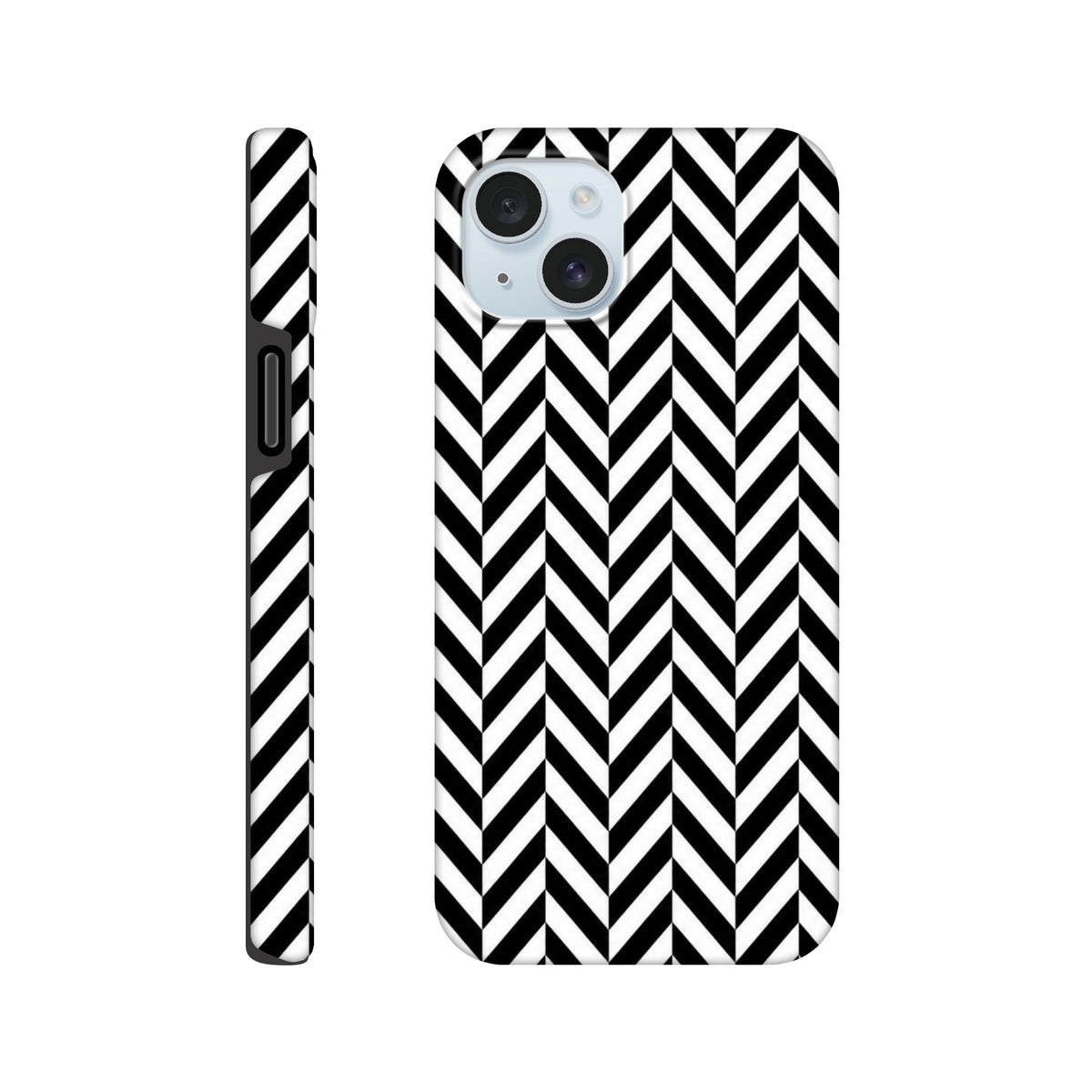 Black and white herringbone iPhone case with geometric chevron pattern, shock-absorbing dual-layer shell, and precise cutouts for models 13-16.