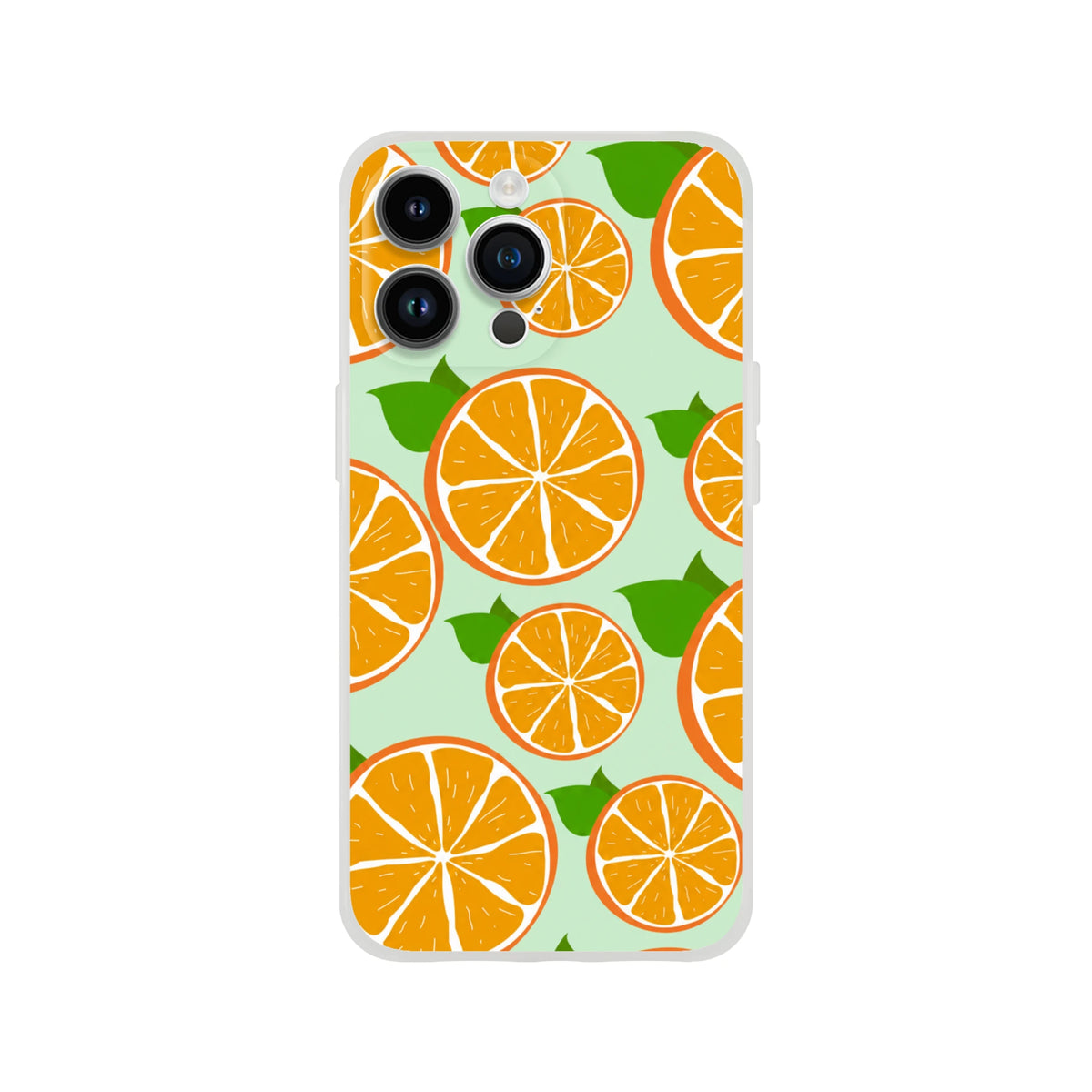 Cute orange fruit iPhone case with citrus slices on a frosted mint background.