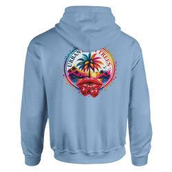 Light blue hoodie back with retro tropical sunset graphic featuring palm trees, glossy red lips, and cherries.