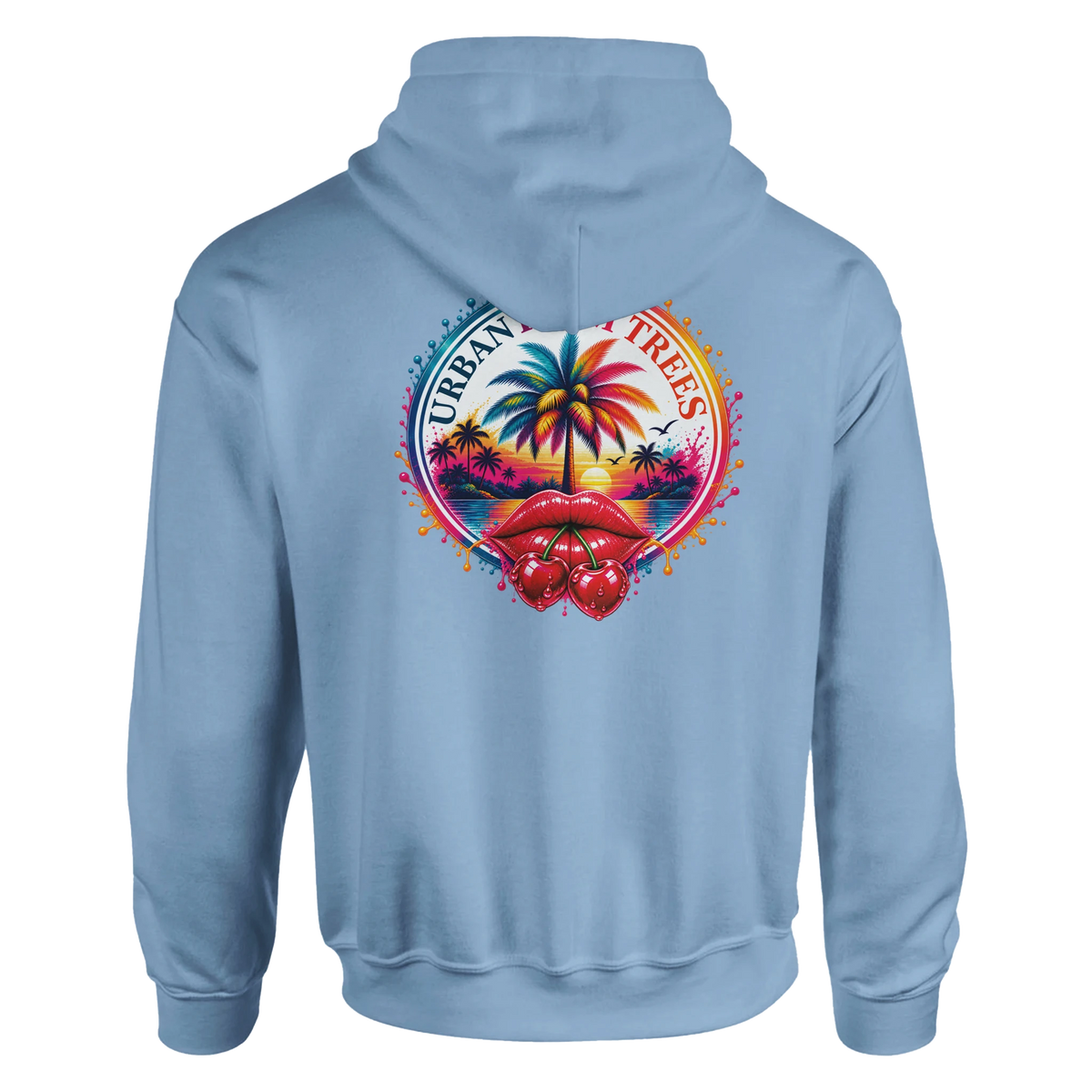 Light blue hoodie back with retro tropical sunset graphic featuring palm trees, glossy red lips, and cherries.