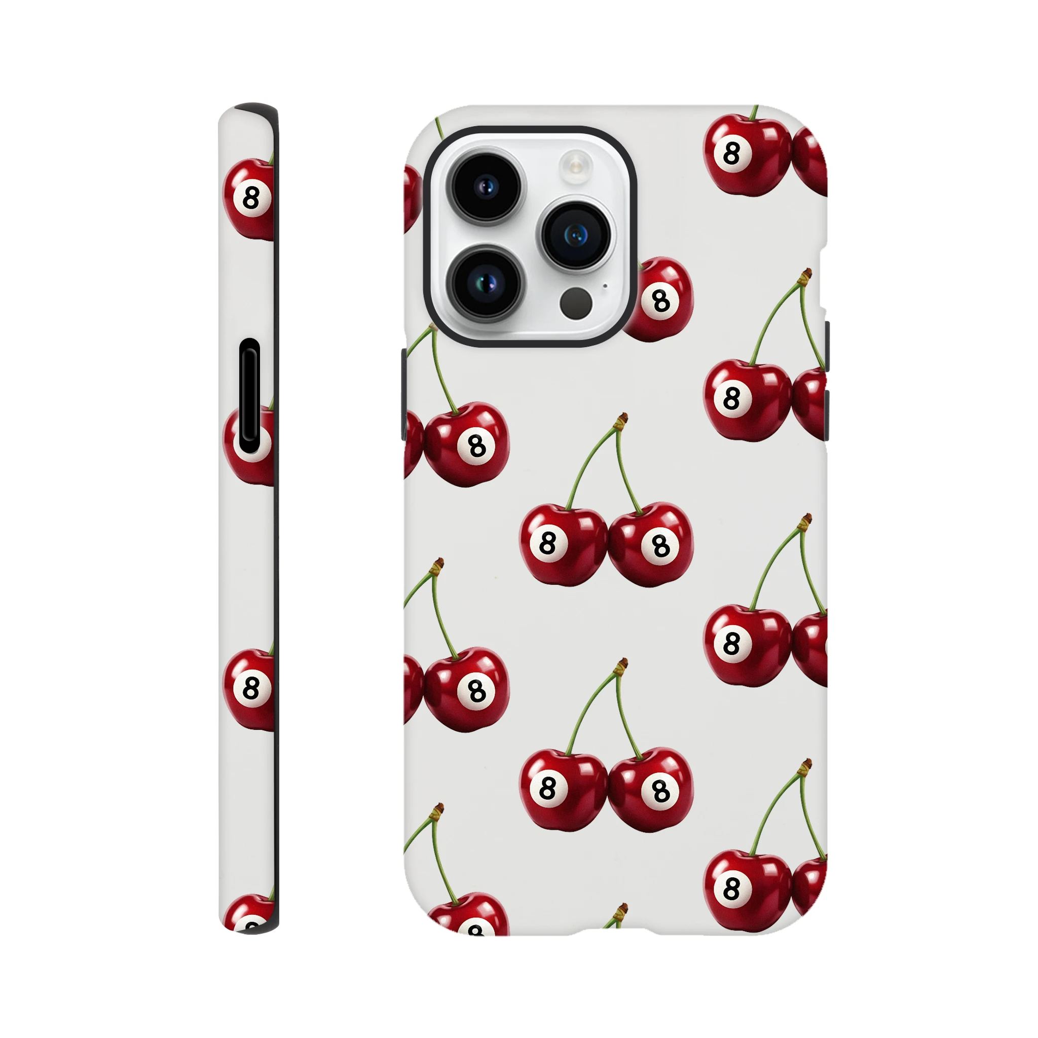 Lucky Cherries iPhone case with wraparound cherry print and dual-layer protection for iPhone 13–16, glossy finish.