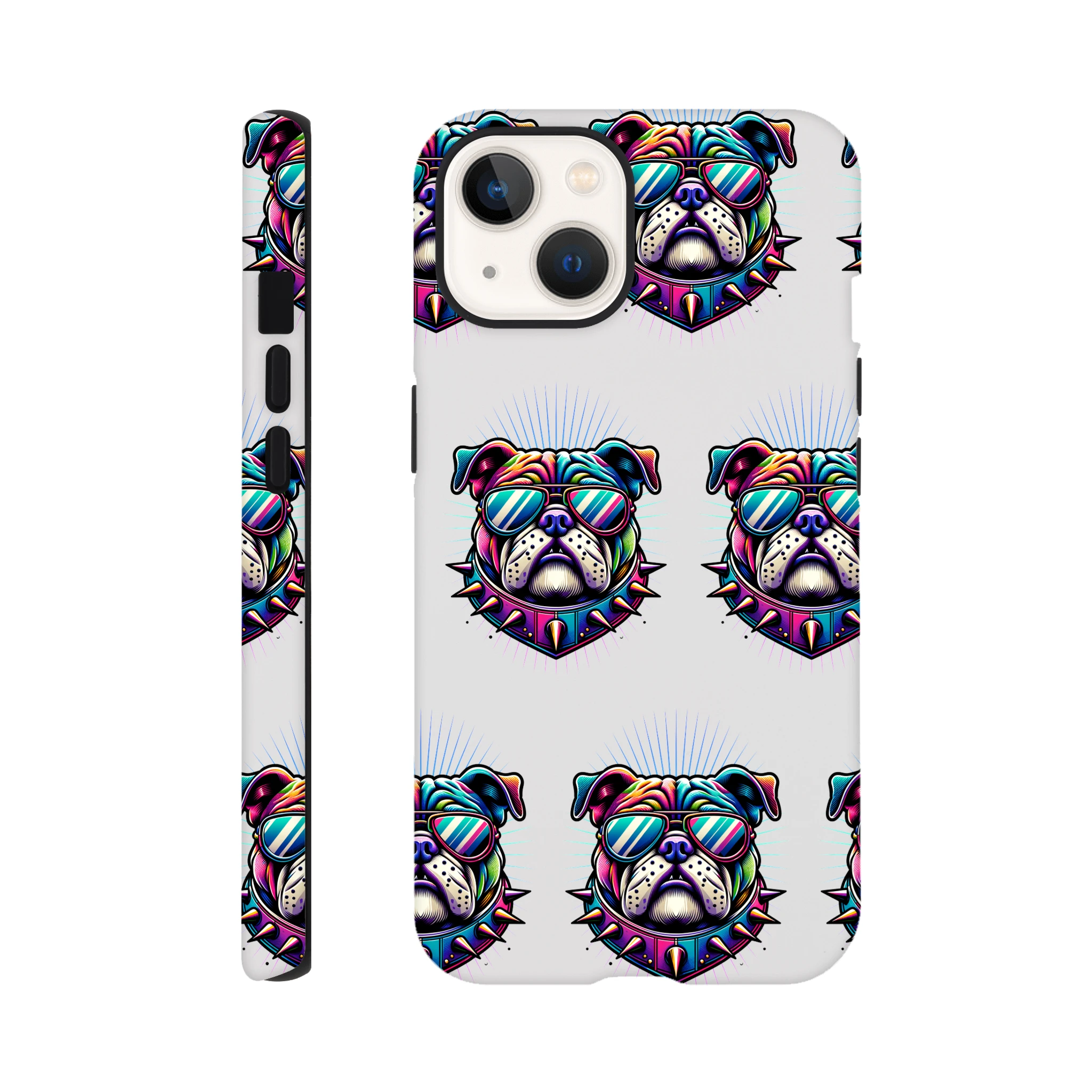 Neon bulldog phone case with sunglasses, wraparound print for iPhone 16/15/14/13 - tough dual-layer protection.