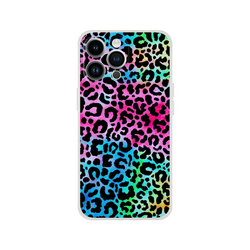 Rainbow leopard-print iPhone case for 13-16 with gray frame and triple-camera cutouts.