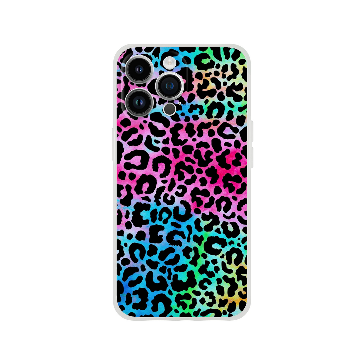 Rainbow leopard-print iPhone case for 13-16 with gray frame and triple-camera cutouts.