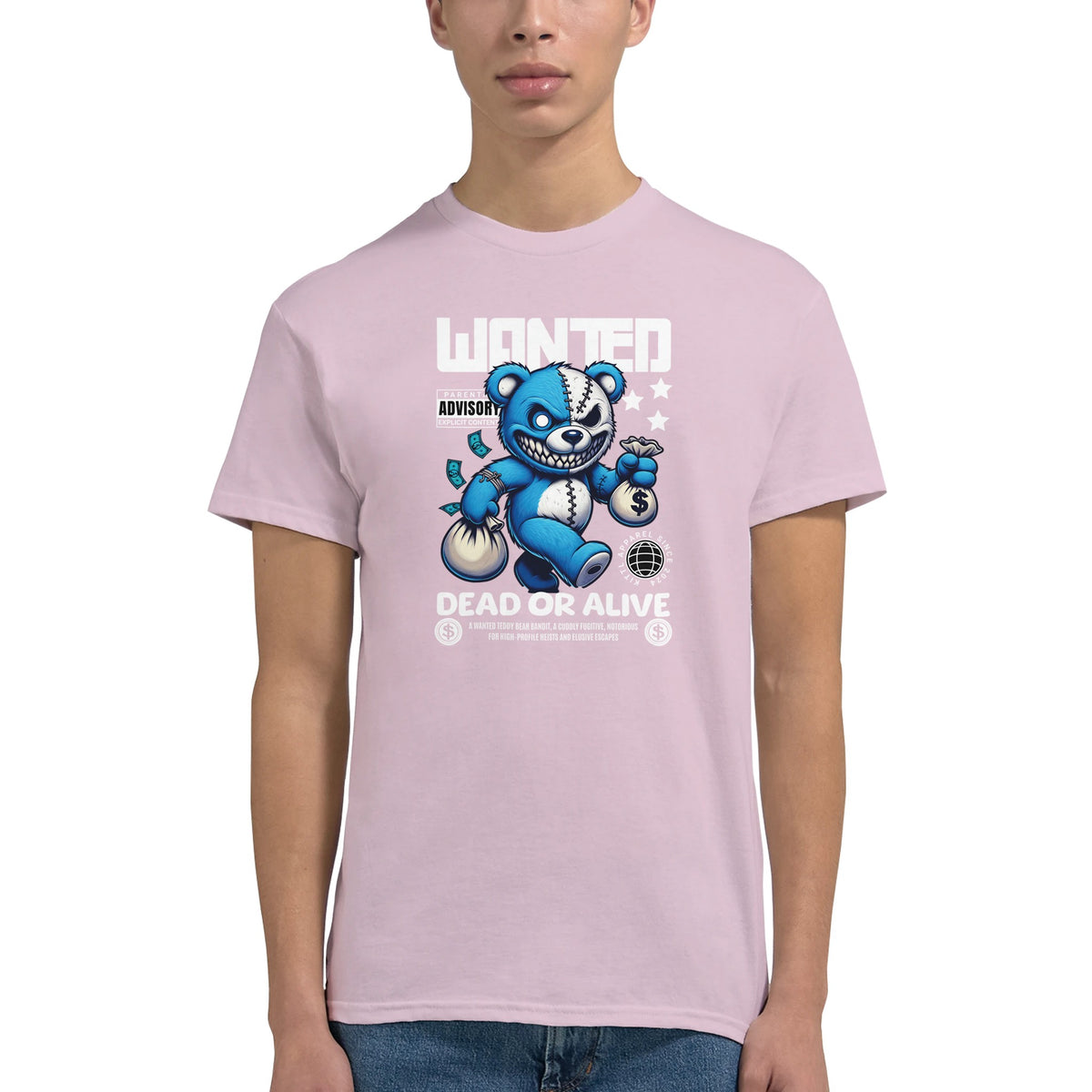 Pink men's crew-neck T-shirt with a blue teddy bear graphic, money bags, and "WANTED DEAD OR ALIVE" print.