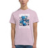 Pink men's crew-neck T-shirt with a blue teddy bear graphic, money bags, and "WANTED DEAD OR ALIVE" print.