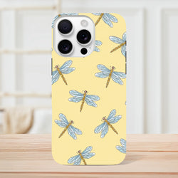 Yellow iPhone case featuring a pattern of blue dragonfly illustrations on a pale yellow background for durable drop protection.