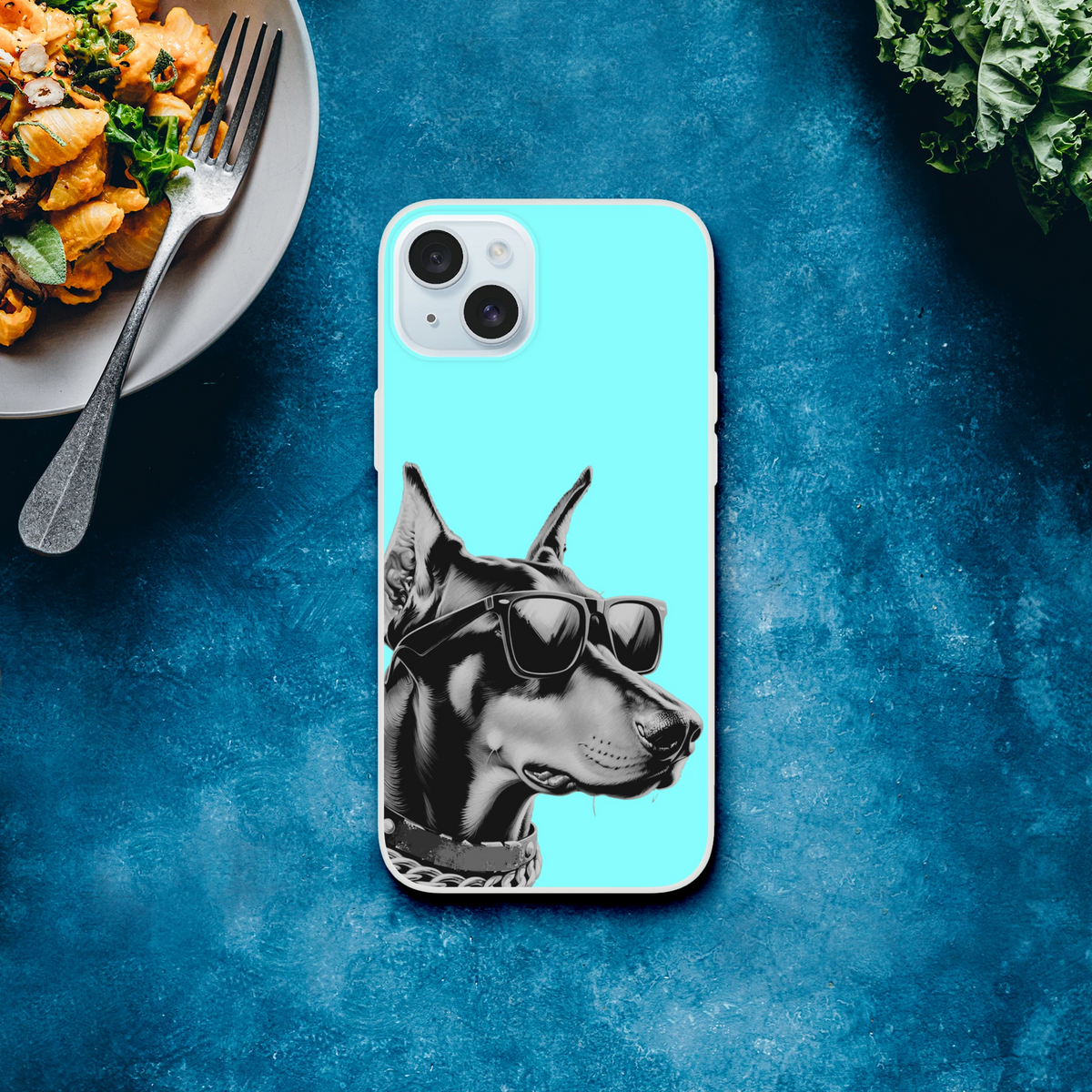 Cool Dog iPhone Case (13-16) with retro turquoise design featuring a dog wearing sunglasses.