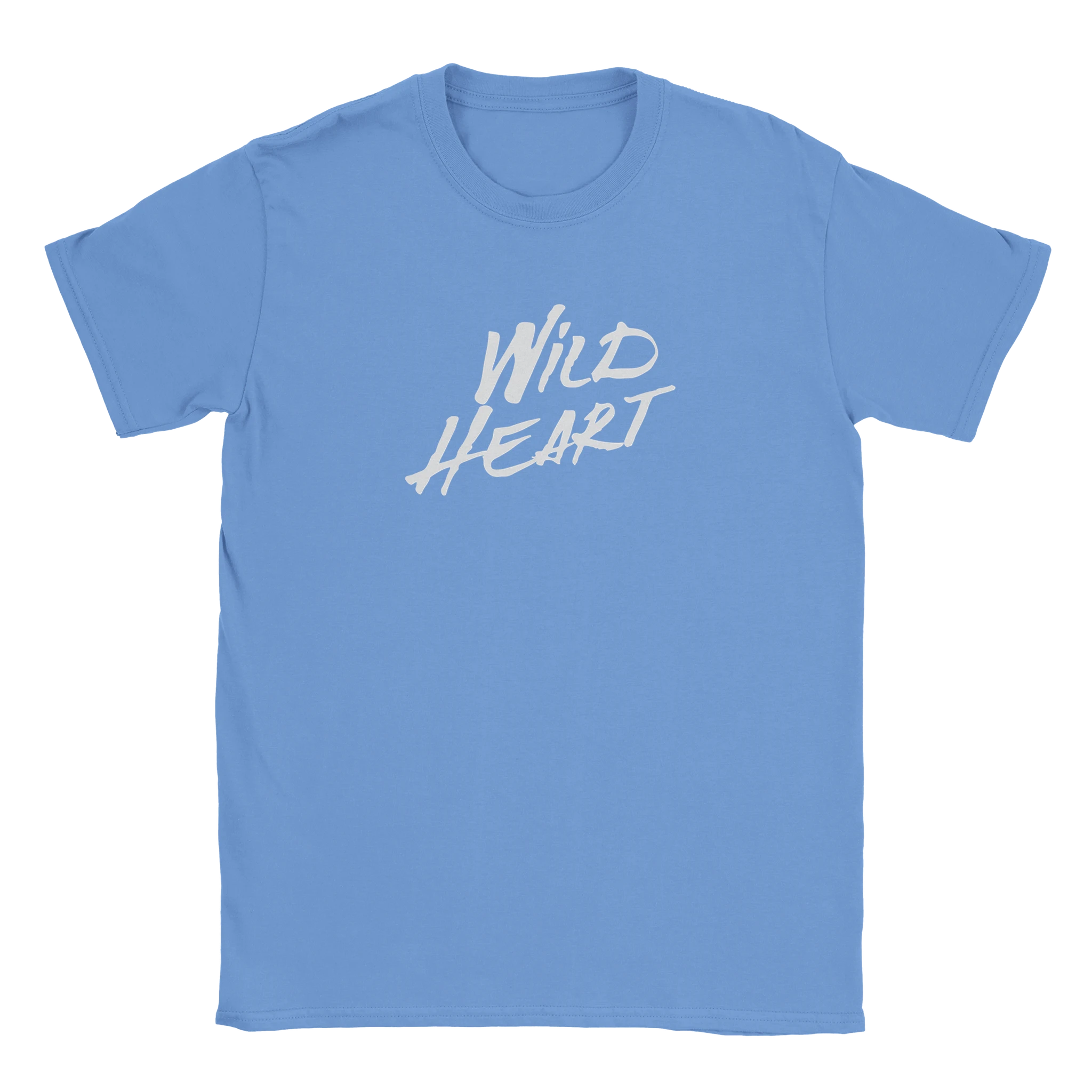 Light blue Wild Heart T-Shirt for women with retro slogan and white script print.