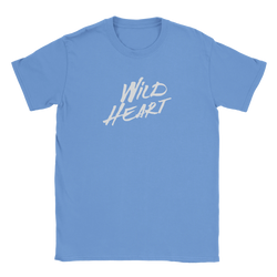 Light blue Wild Heart T-Shirt for women with retro slogan and white script print.
