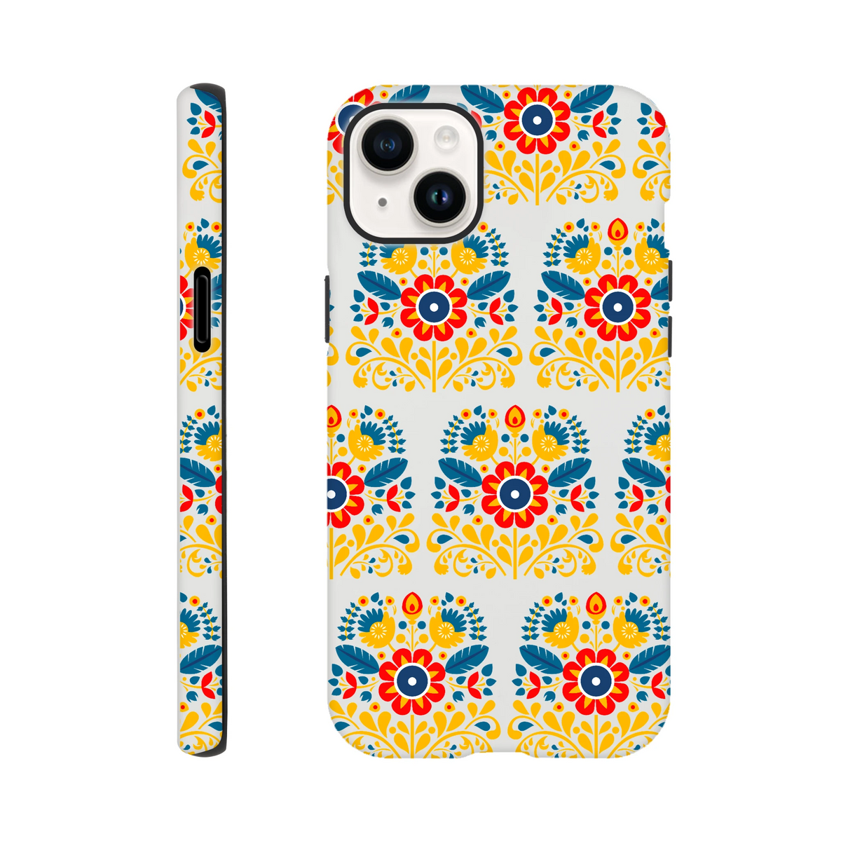 Floral tough protective phone case with wraparound print for iPhone 16, 15, 14, 13, glossy double-layer protection.