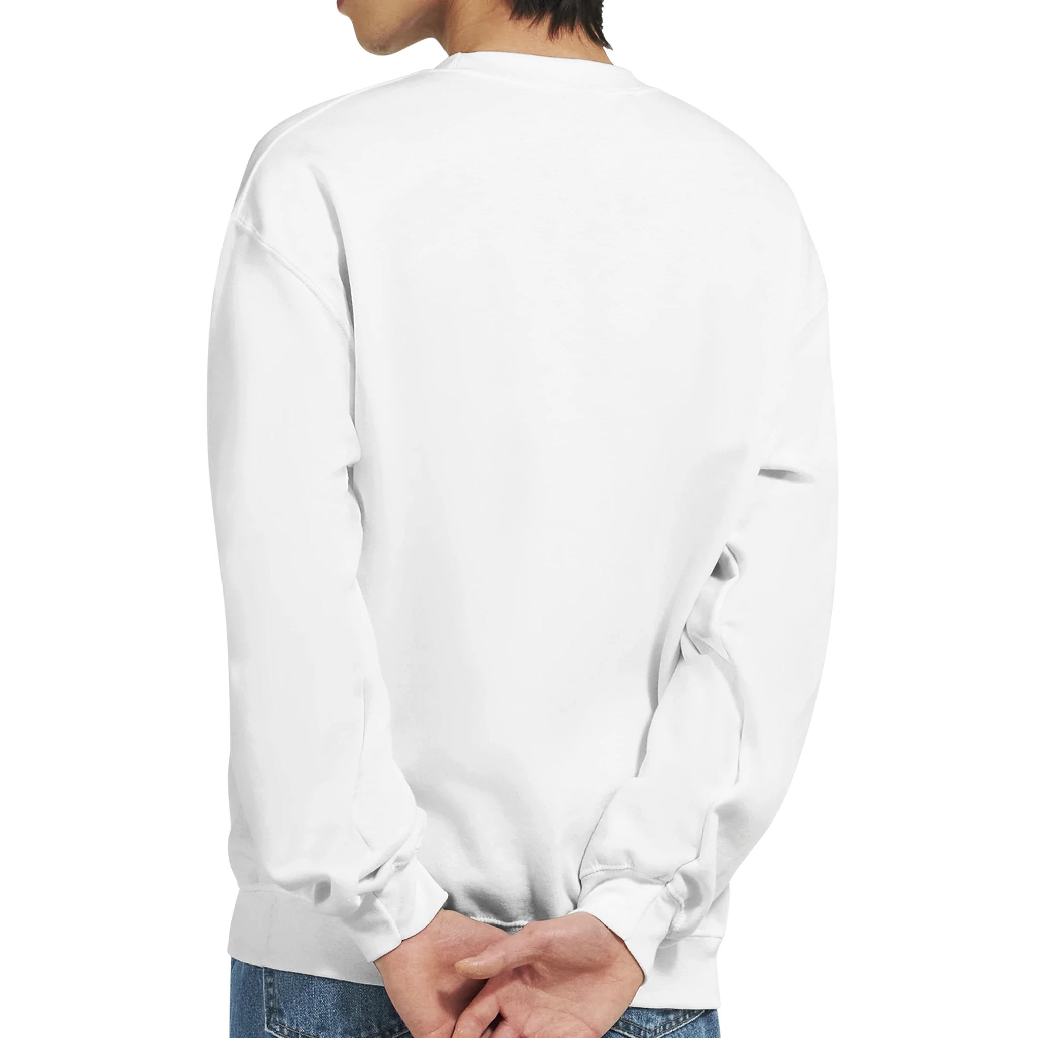 Back view of Union Jack Make Britain Great Again men's graphic sweatshirt in white, 50/50 cotton-poly blend, sizes S–XL.