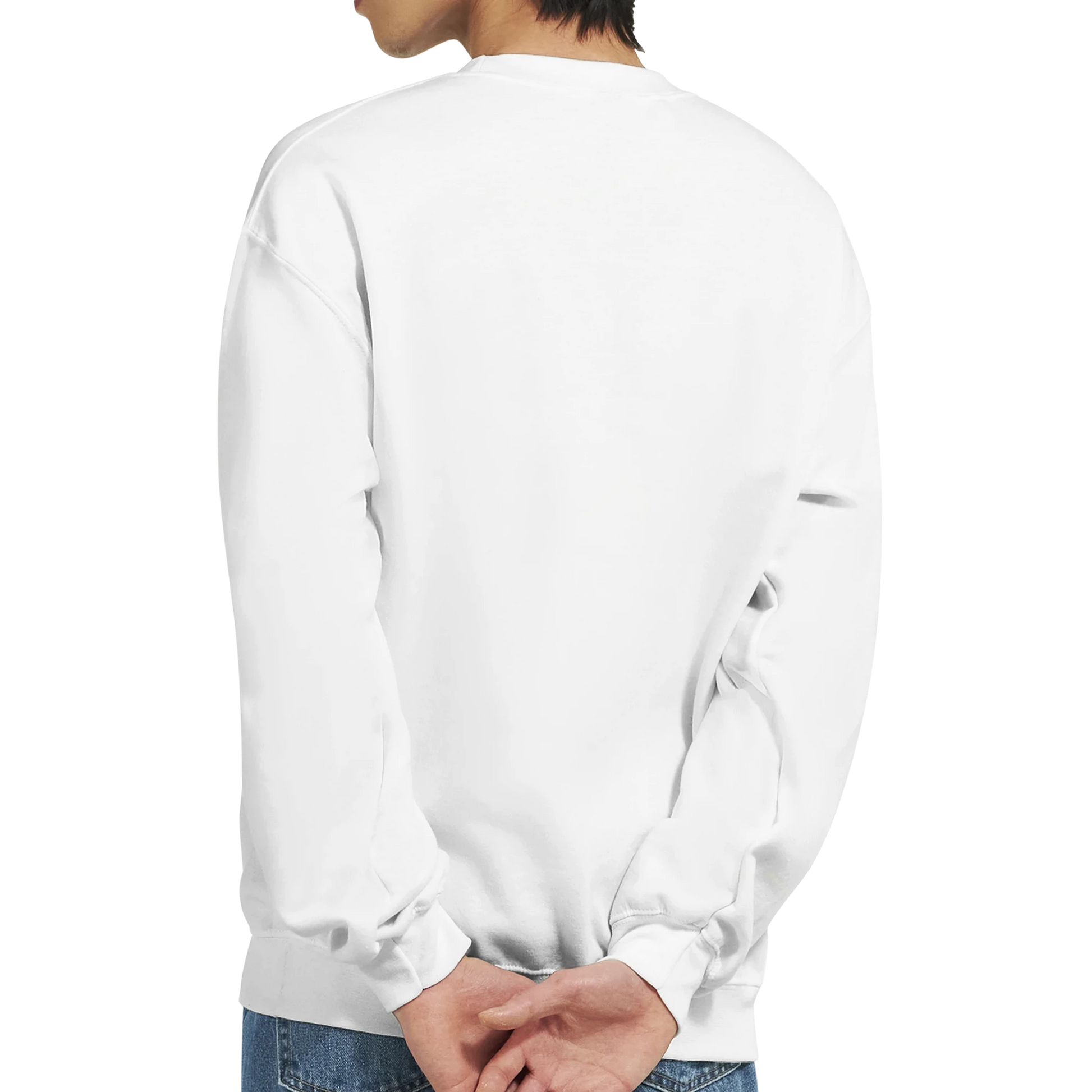 White union jack make britain great again men's graphic sweatshirt worn by a person on a white background. rear hands crossed