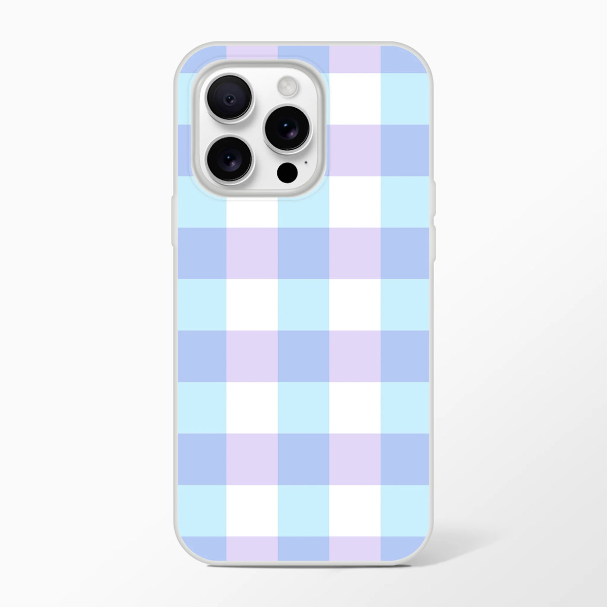 Blue pastel gingham checkered iPhone case for iPhone 13-16 with a slim flexible shell.