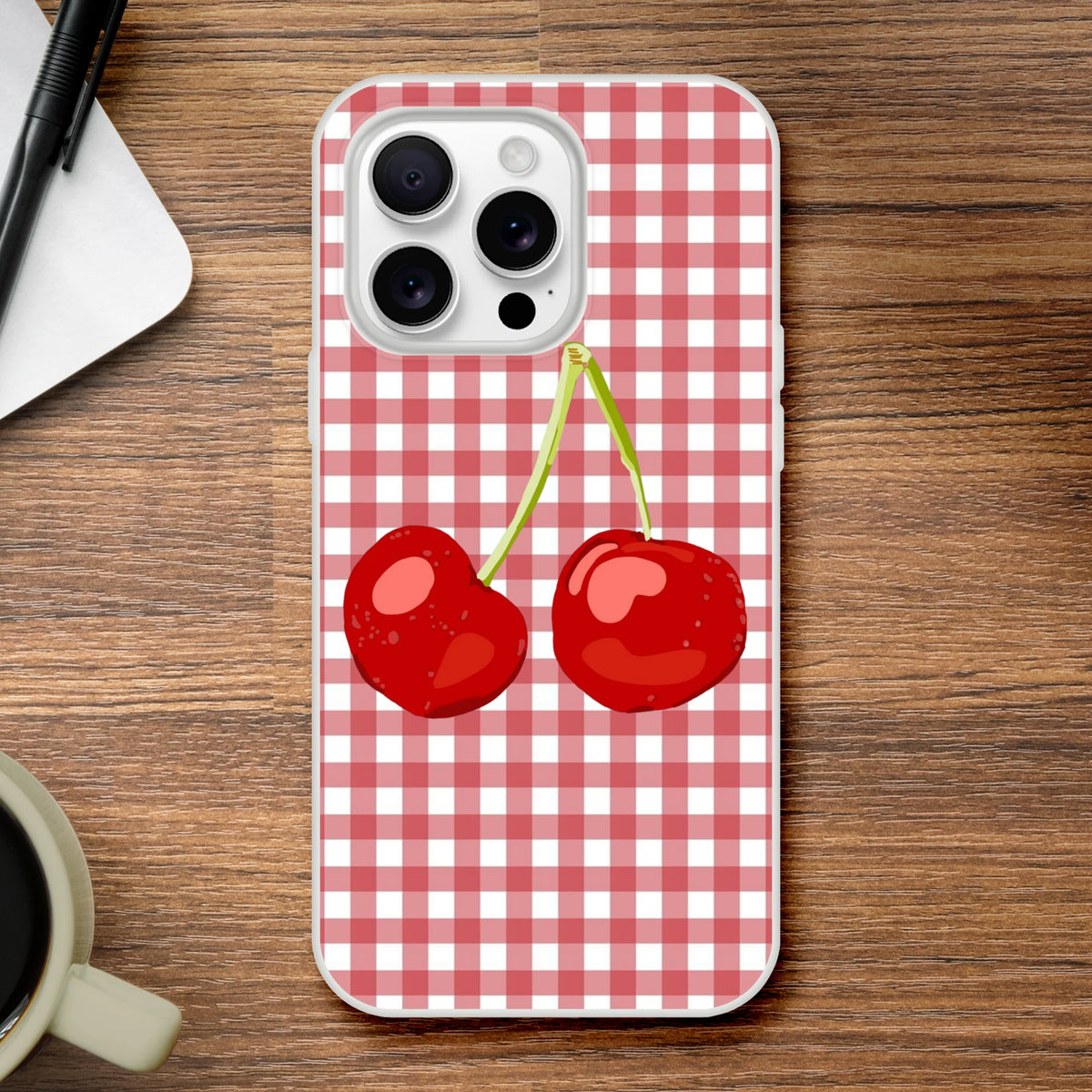 Coquette aesthetic cherry gingham iPhone case for iPhone 13-16 with pink checkered pattern.