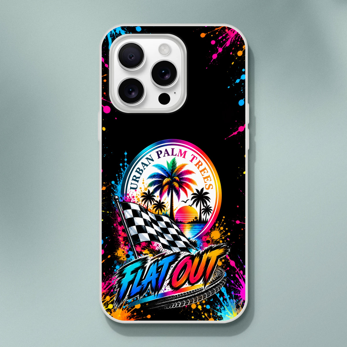 Vibrant car culture phone case featuring a checkered flag, palm trees, and graffiti "Flat Out" text on a black splatter background.