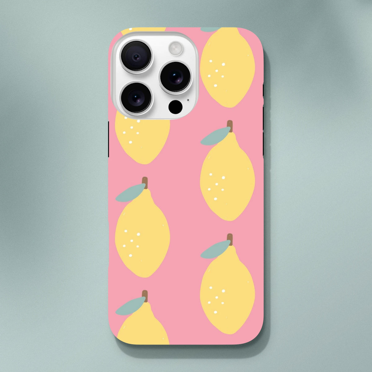 Pink lemon tough iPhone case featuring a cute yellow lemon pattern on a pink background for durable everyday protection.