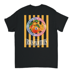Black t-shirt back with retro striped fruit graphic featuring oranges, Urban Palm Trees text, and Manchester United Kingdom details.