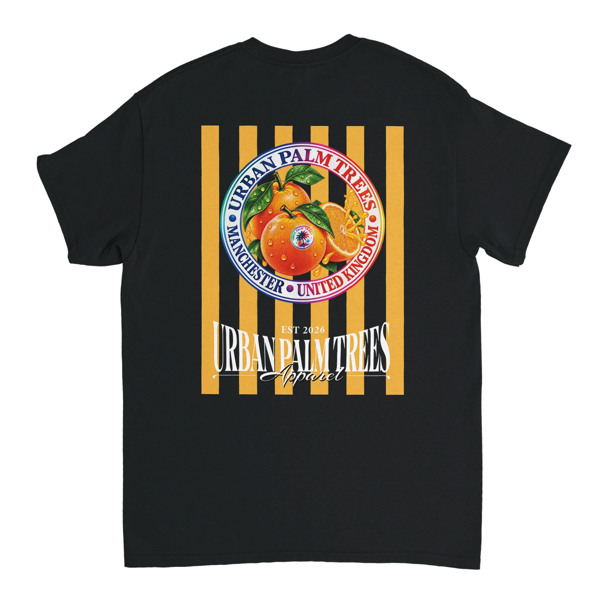 Black t-shirt back with retro striped fruit graphic featuring oranges, Urban Palm Trees text, and Manchester United Kingdom details.