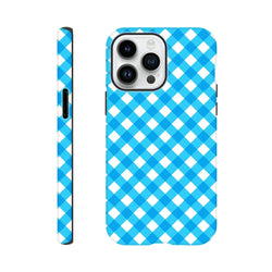 Retro blue gingham checkered iPhone case with shock-absorbing protection and wireless charging compatibility for daily use.
