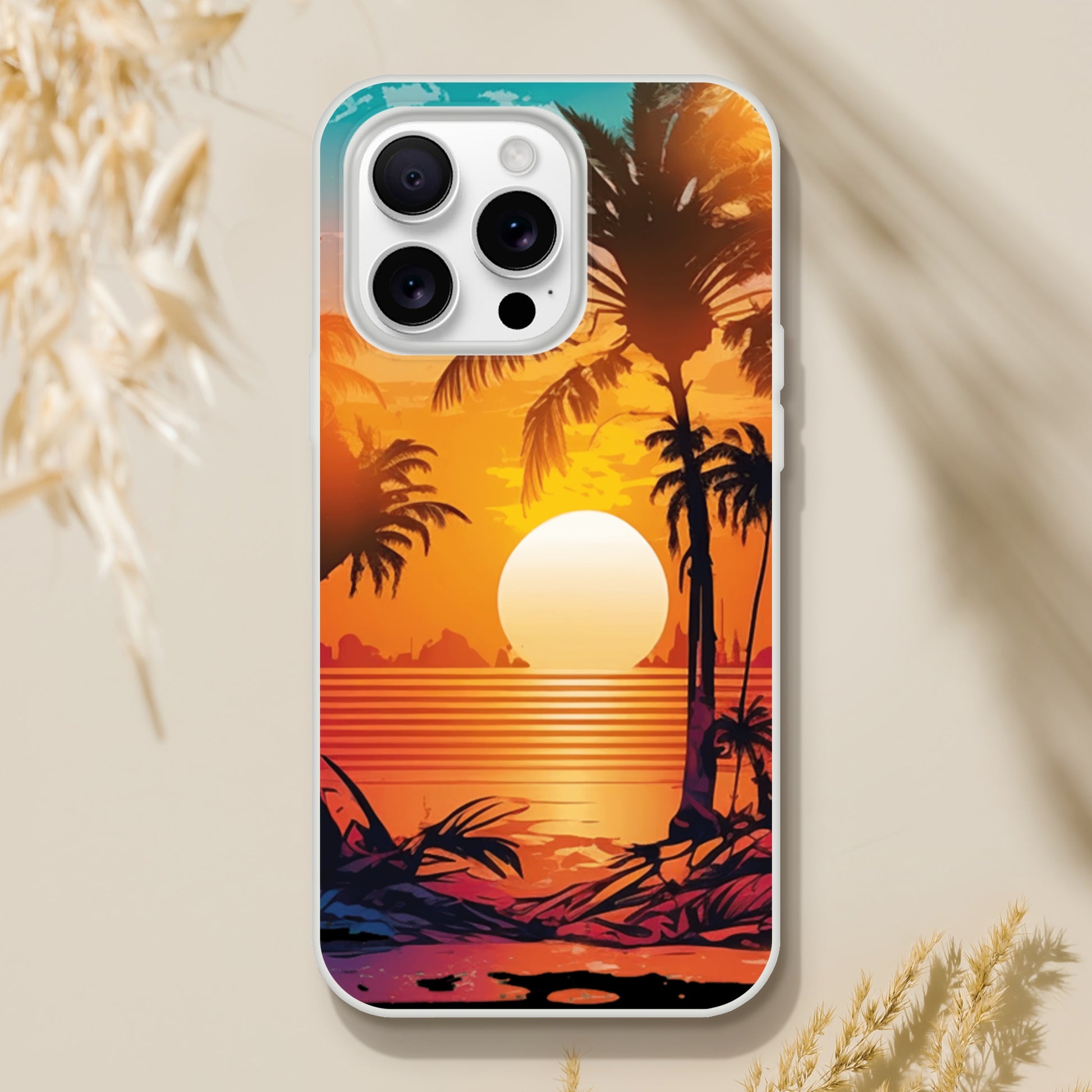 iPhone case with a sunset and palm tree design on a beige background 18