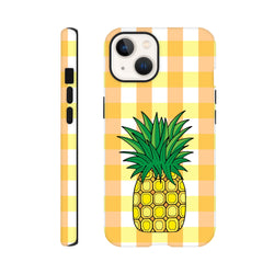 Tropical pineapple phone case featuring a yellow gingham pattern and tough drop protection for iPhone 13-16.