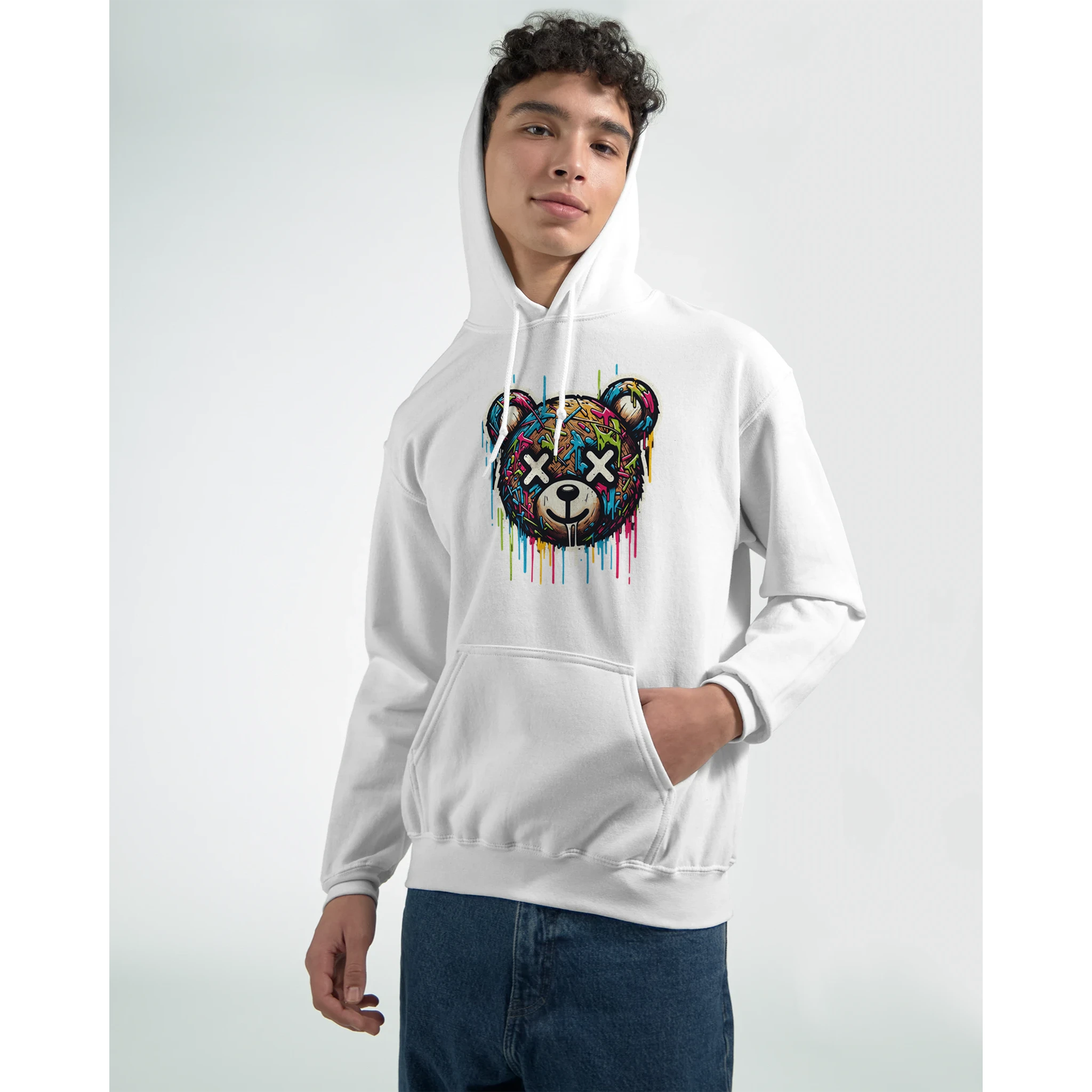 Men's teddy bear hoodie in white with colorful graffiti bear graphic, 50/50 cotton-poly, sizes S-XL