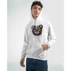 Men's teddy bear hoodie in white with colorful graffiti bear graphic, 50/50 cotton-poly, sizes S-XL