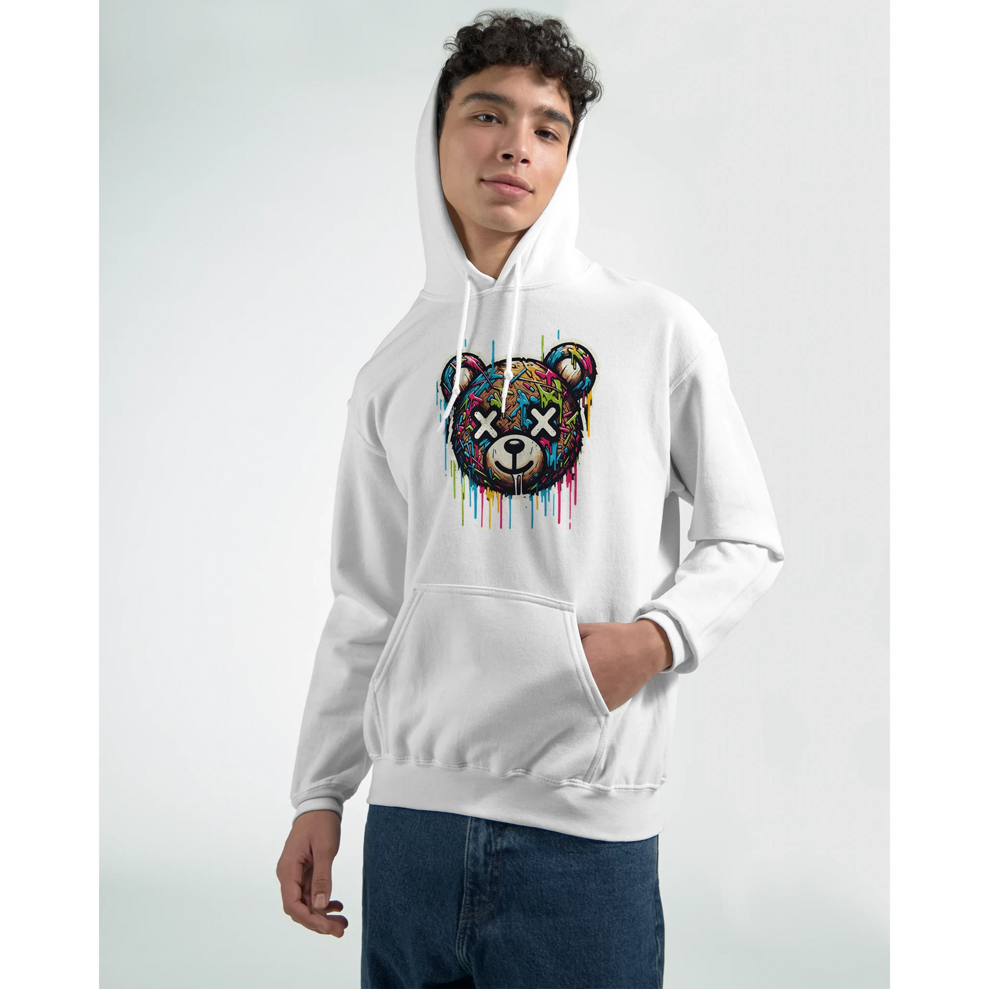 Person wearing a white men's teddy bear hoodie with a colorful bear graphic on a plain background. 5