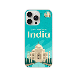 Vintage postcard style India iPhone case with Taj Mahal illustration on turquoise background