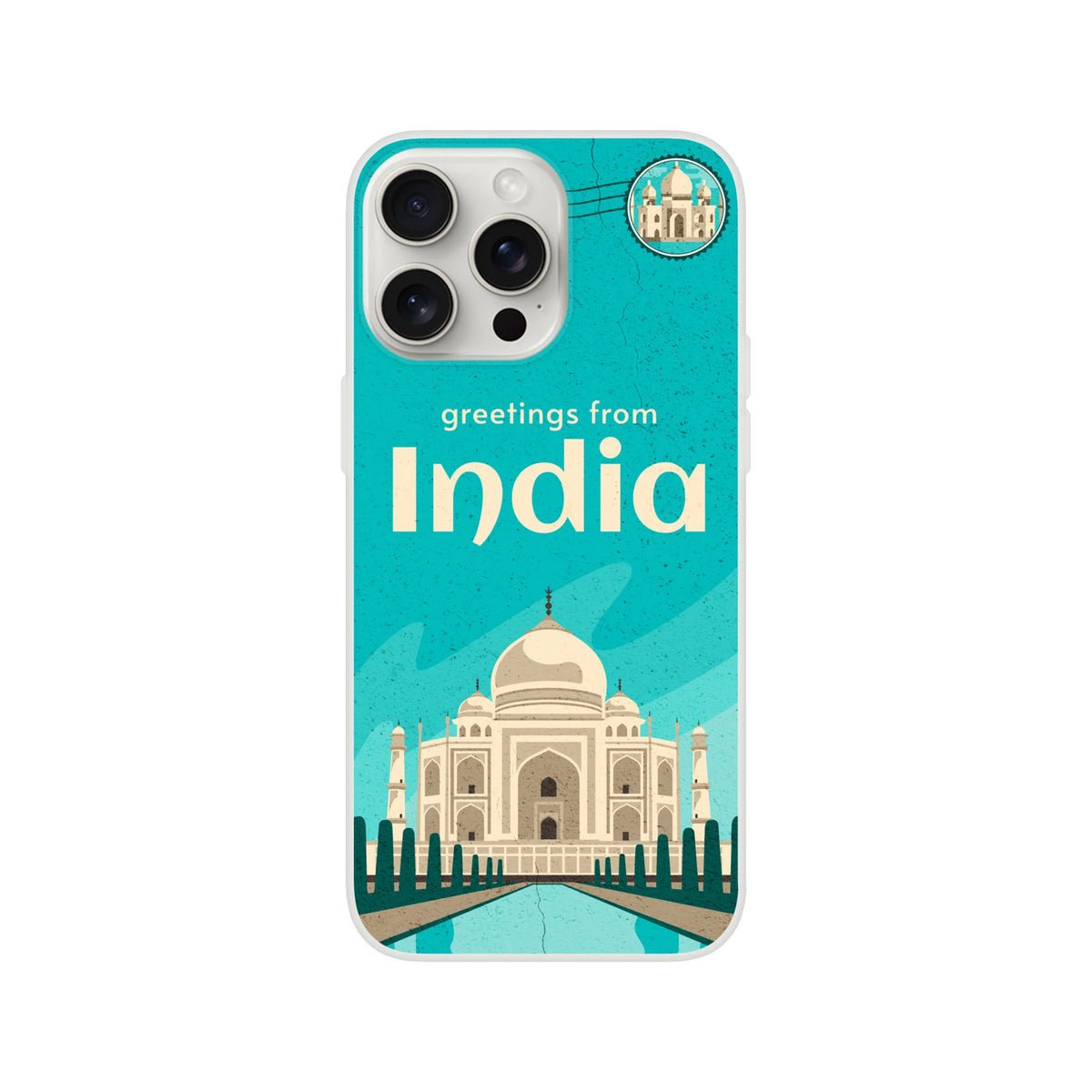Vintage postcard style India iPhone case with Taj Mahal illustration on turquoise background