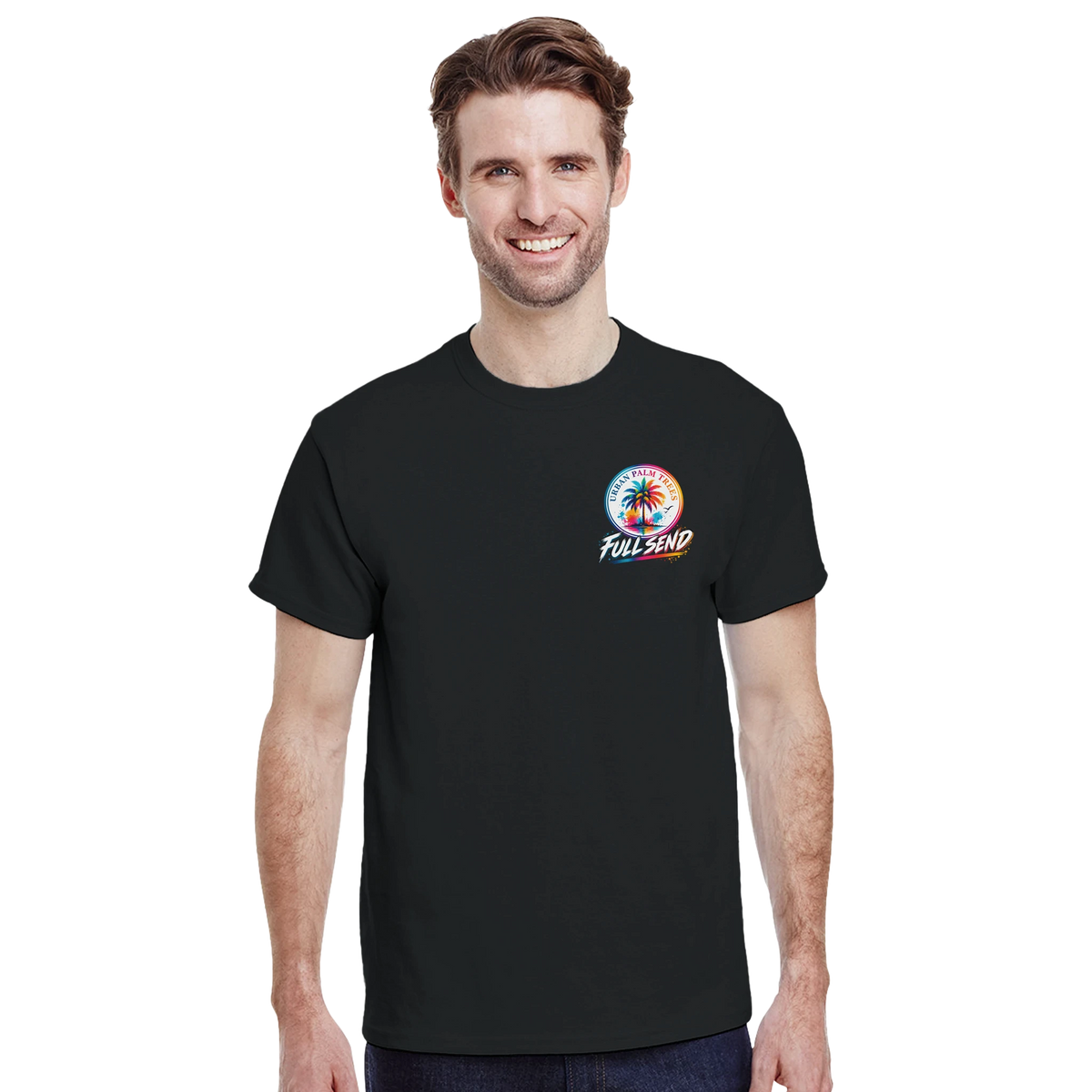 Man wearing black graphic tee with colorful Urban Palm Trees and Full Send chest logo design.