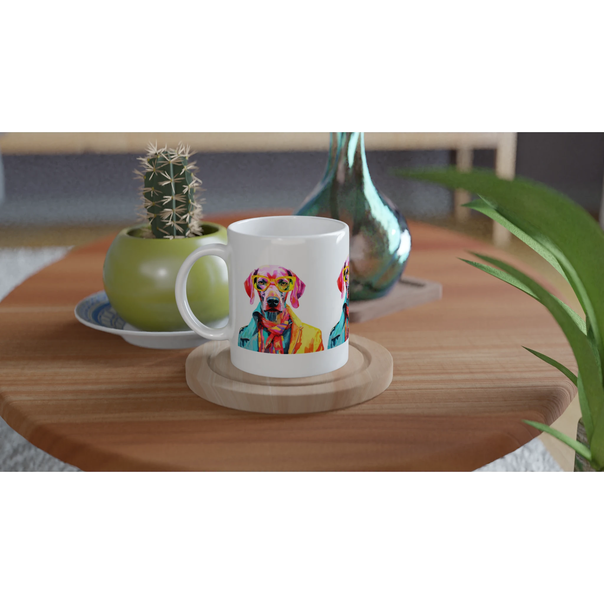 Gent Dog Mug Gift For Her: white ceramic mug with colorful dog illustrations wearing glasses on a wooden coaster