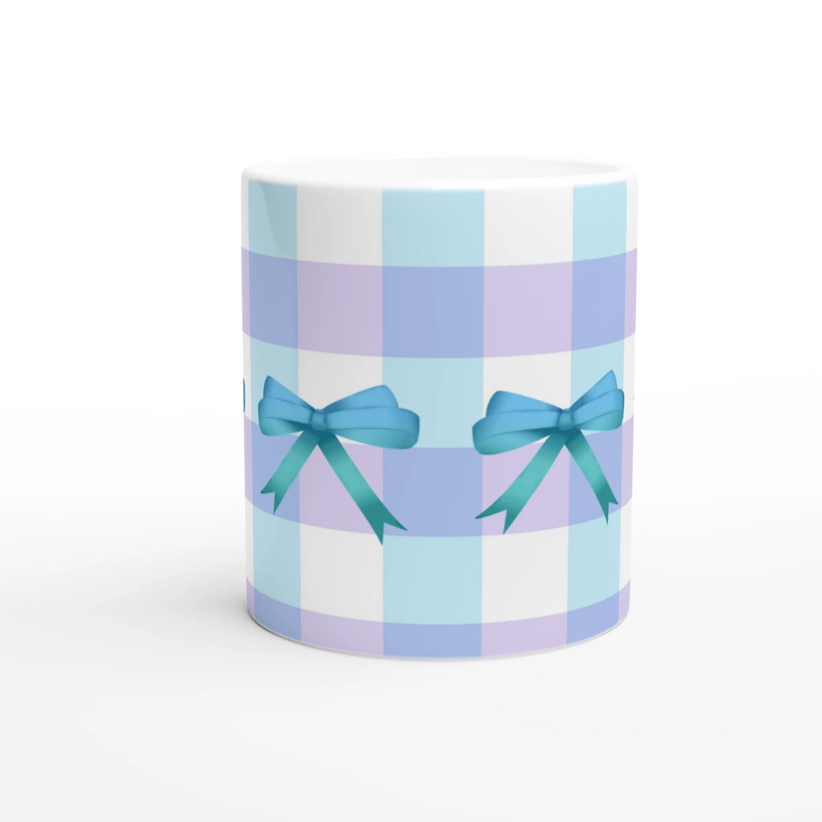 Blue Gingham Bow Mug - Cute Coquette Coffee Cup with pastel stripes and blue bows.