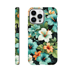 Tropical floral iPhone case featuring vibrant teal and orange hibiscus flowers on a dark background with shock-absorbing protection.