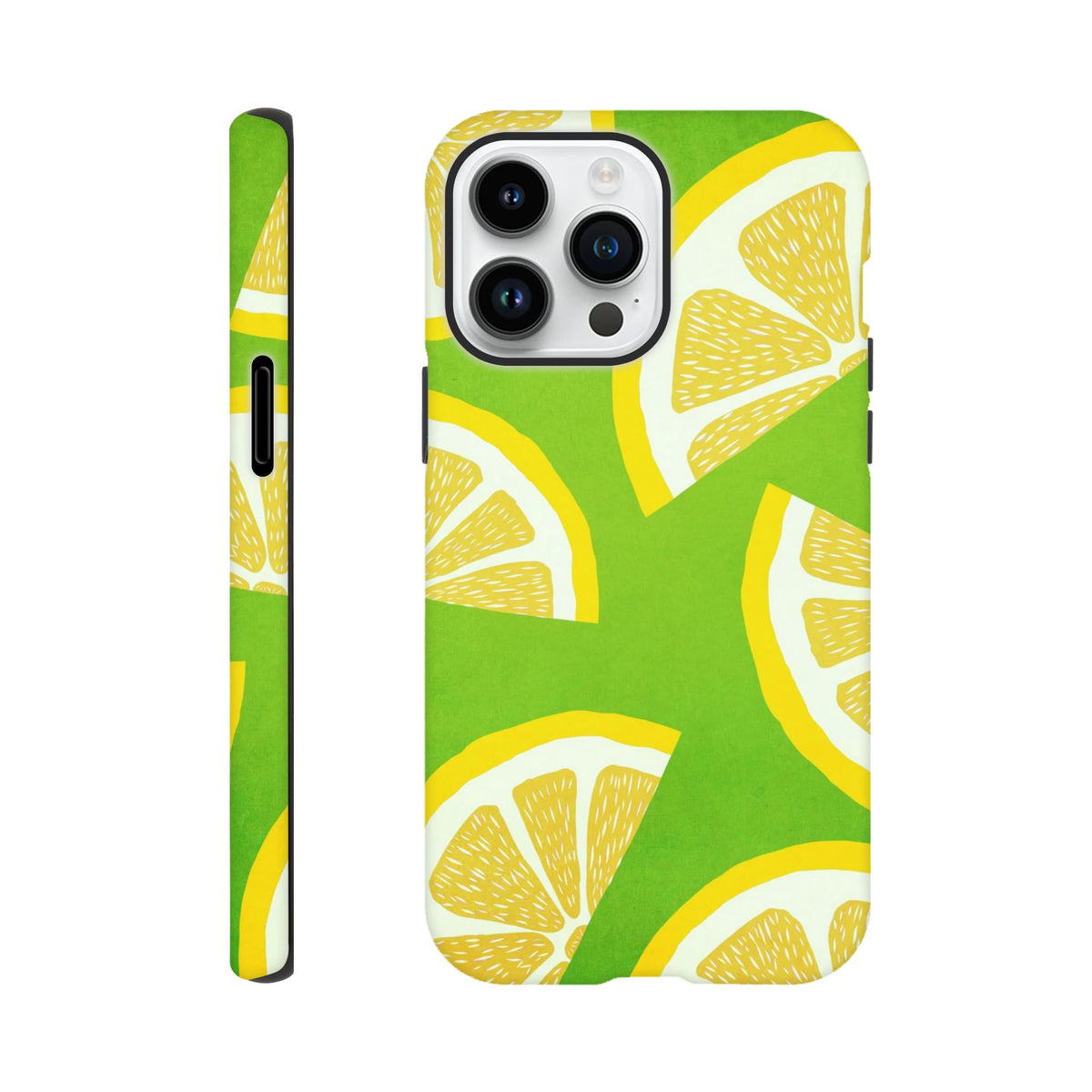 Green iPhone case featuring a bold yellow lemon slice pattern. Shock-absorbing citrus fruit phone cover for iPhone 13-16 models.
