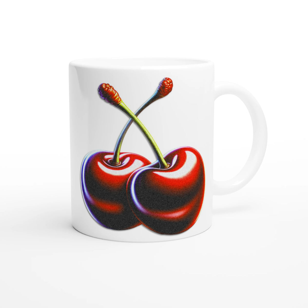 White mug with a retro cherry design, featuring crossed red cherries.