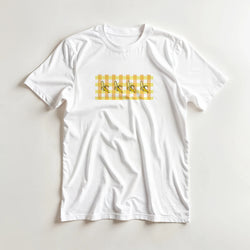 White women's t-shirt with a yellow banana-gingham print featuring bananas across a gingham panel.