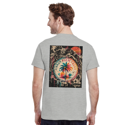 Back of grey t-shirt featuring a retro grunge graphic with a winged angel and colorful palm tree design labeled Urban Palm Trees.