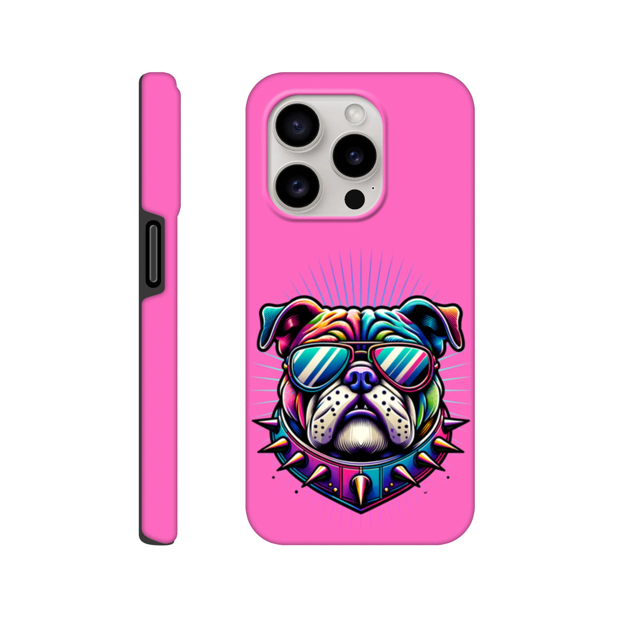 Pink bulldog iPhone case for 13-16 with bold retro dog print and shock-absorbing protection.