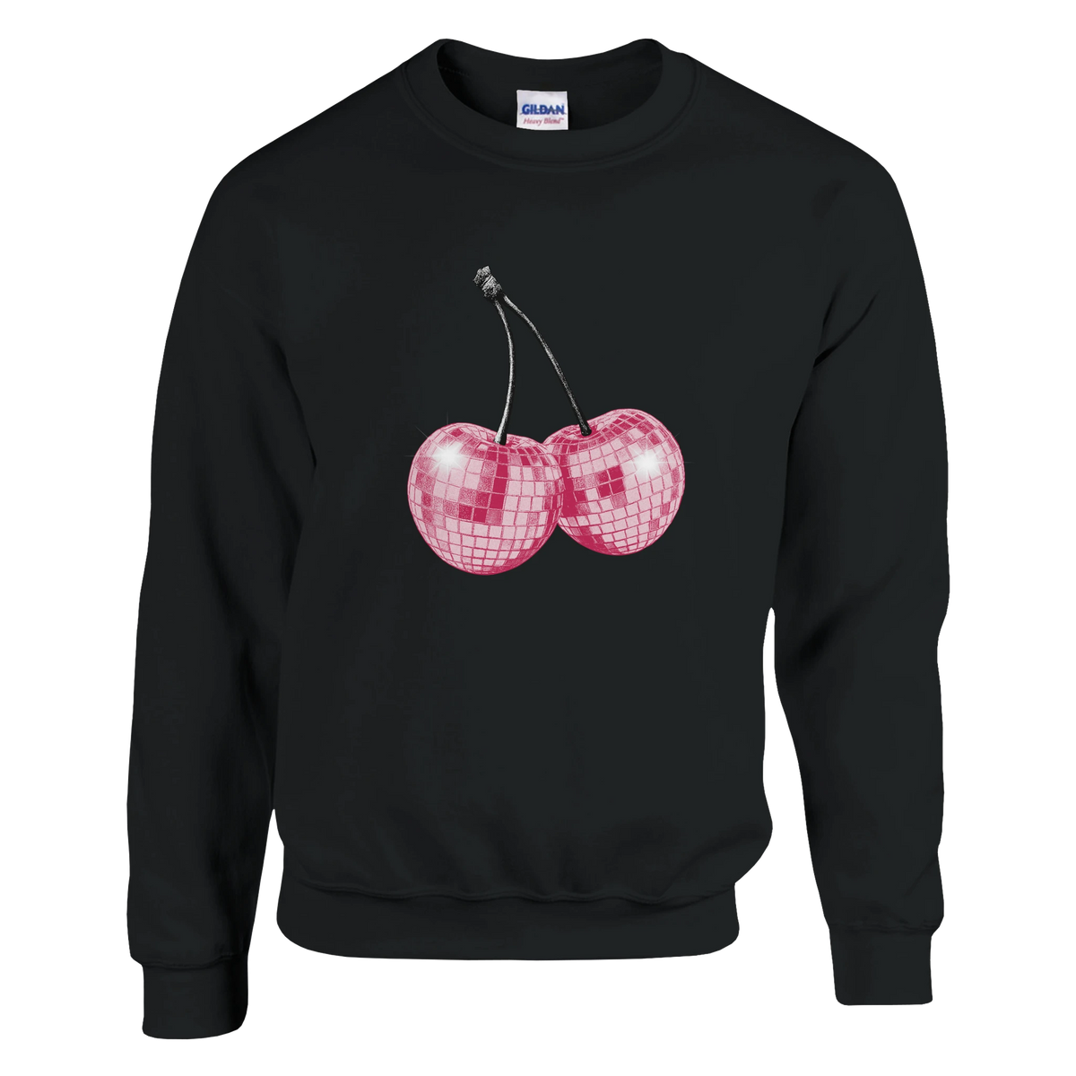 Black Y2K pastel cherries sweatshirt with pink glitter cherries graphic.