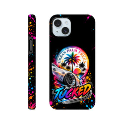 Tucked iPhone case featuring a lowered modified car, Urban Palm Trees sunset graphic, and colorful paint splatter on a black background.
