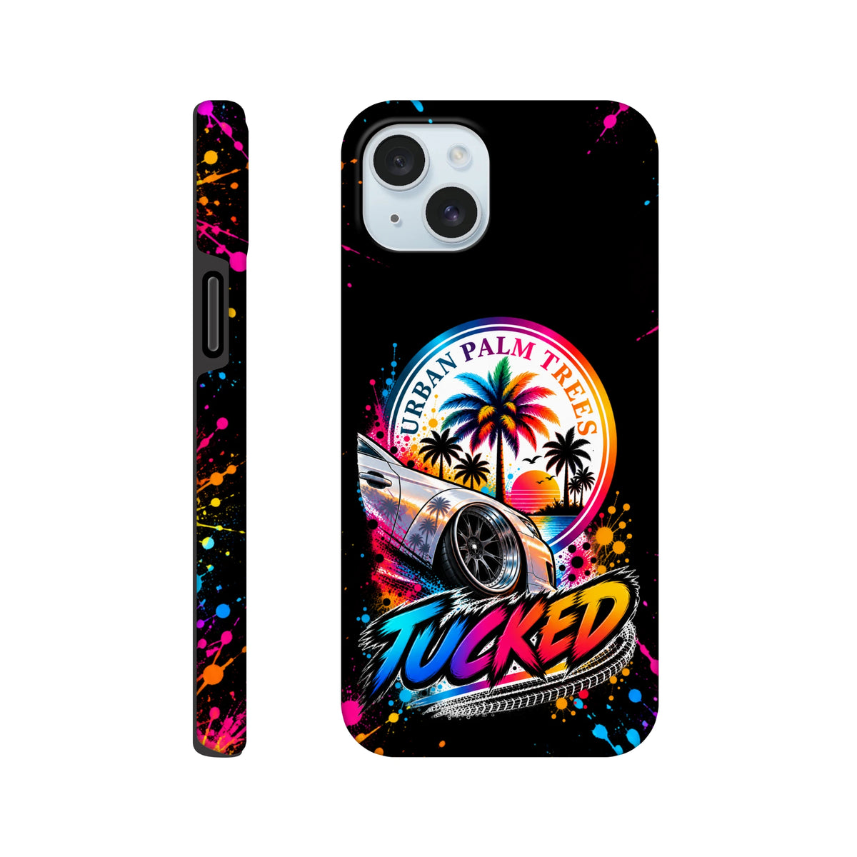 Tucked iPhone case featuring a lowered modified car, Urban Palm Trees sunset graphic, and colorful paint splatter on a black background.