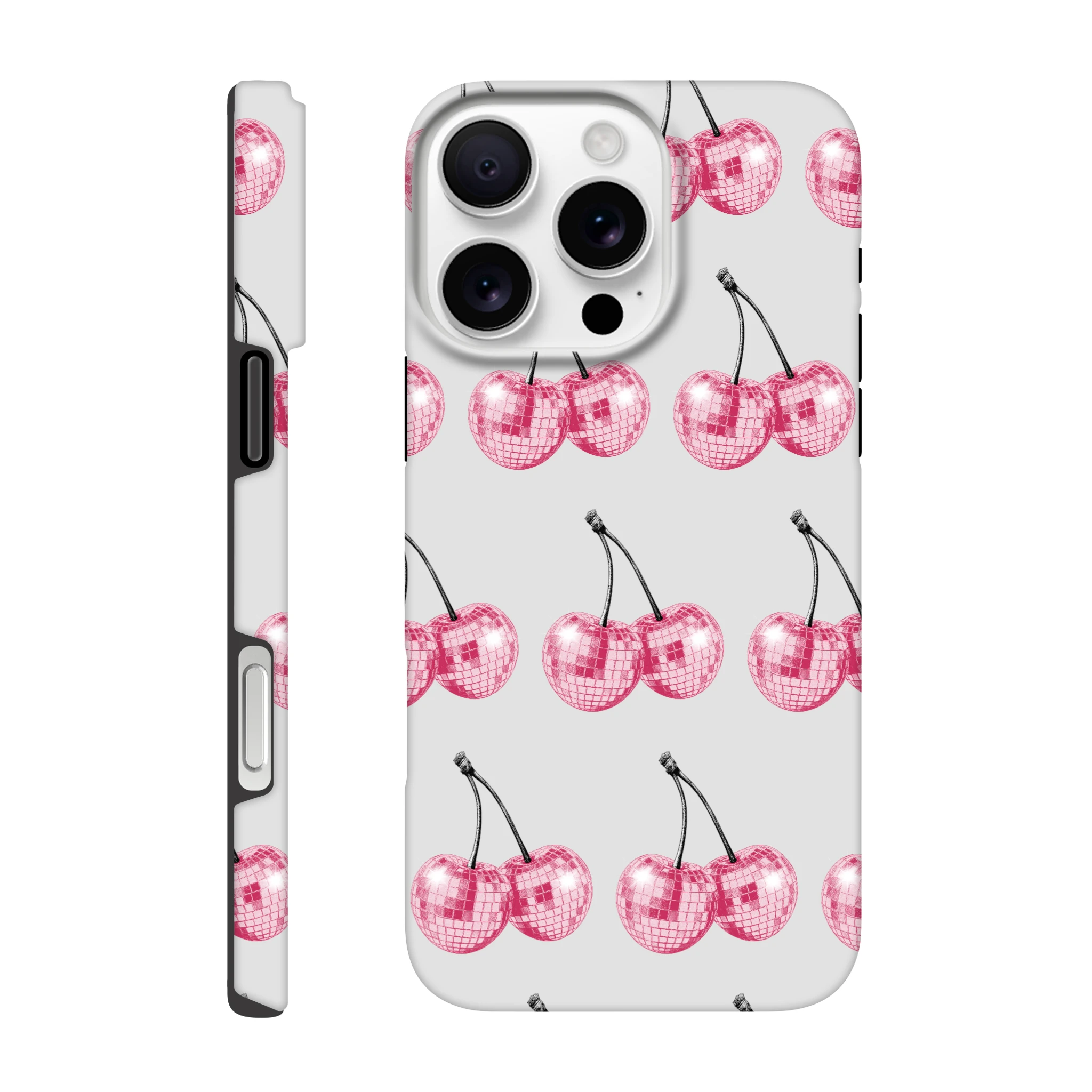 Glittery pink cherry pattern tough protective case for iPhone 16-13 with dual-layer wraparound print.