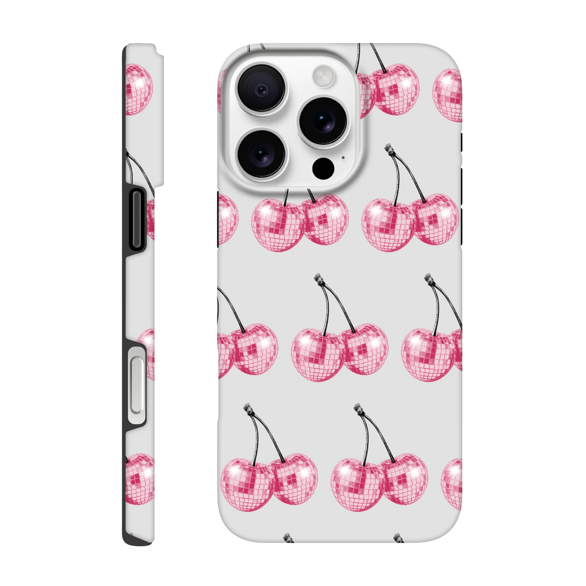 Glittery pink cherry pattern tough protective case for iPhone 16-13 with dual-layer wraparound print.