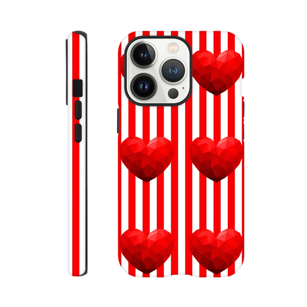 Red and white vertical striped iPhone case featuring bold red faceted heart designs for retro streetwear style.