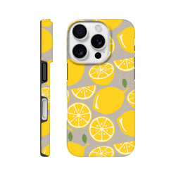 Cute yellow lemon pattern iPhone case with tough drop guard protection and wraparound design for city life.