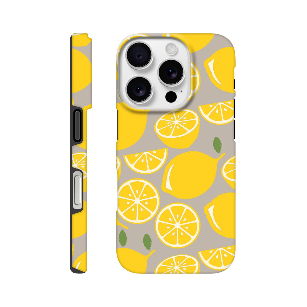 Cute yellow lemon pattern iPhone case with tough drop guard protection and wraparound design for city life.